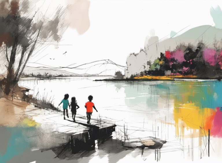 Happy children play by a lake